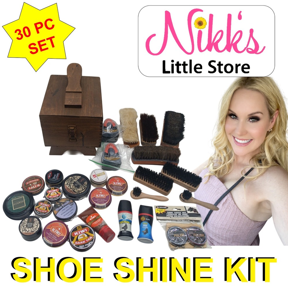 Vintage 30 PC Wooden Shoe Valet Shoe Shine Box Kit w/ Brushes & Polish
